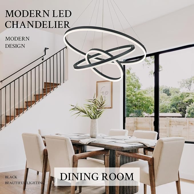 3-Rings Modern LED Chandelier Black, Dimmable Pendant Lighting - Image 5