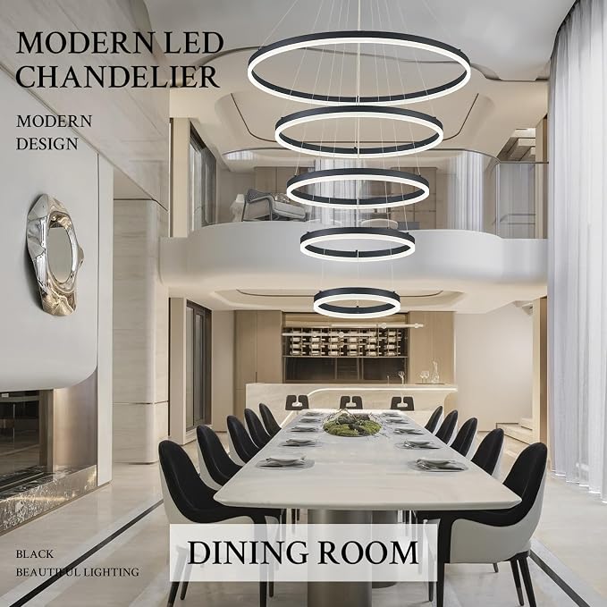 5-Rings D31.5in Modern LED Chandelier Black Dimmable High Ceiling Chandeliers - Image 8