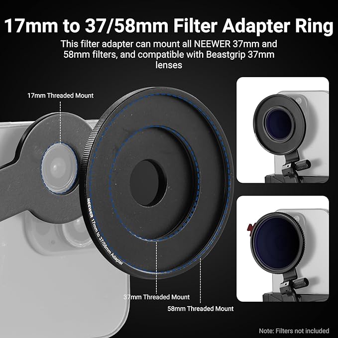 NEEWER Phone Holder with 17mm Phone Adapter & 17–37/58mm Filter Ring, Universal - Image 6