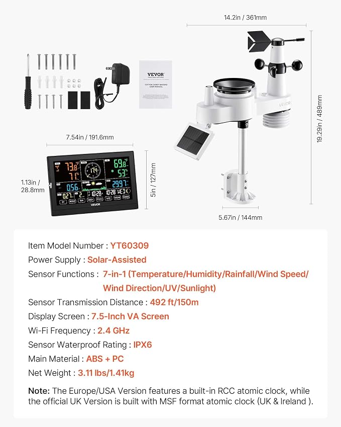 VEVOR 7-in-1 Wireless Weather Station, 7.5-Inch VA Display, Solar Powered - Image 6