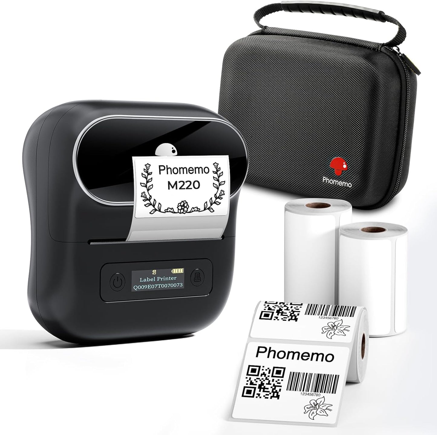 Phomemo Label Maker, M220 Thermal Label Printer, 80mm Portable Bluetooth Barcode Printer Compatible with Andriod/iOS for Home, Office, Small Business, with 3 Packs Label & Case