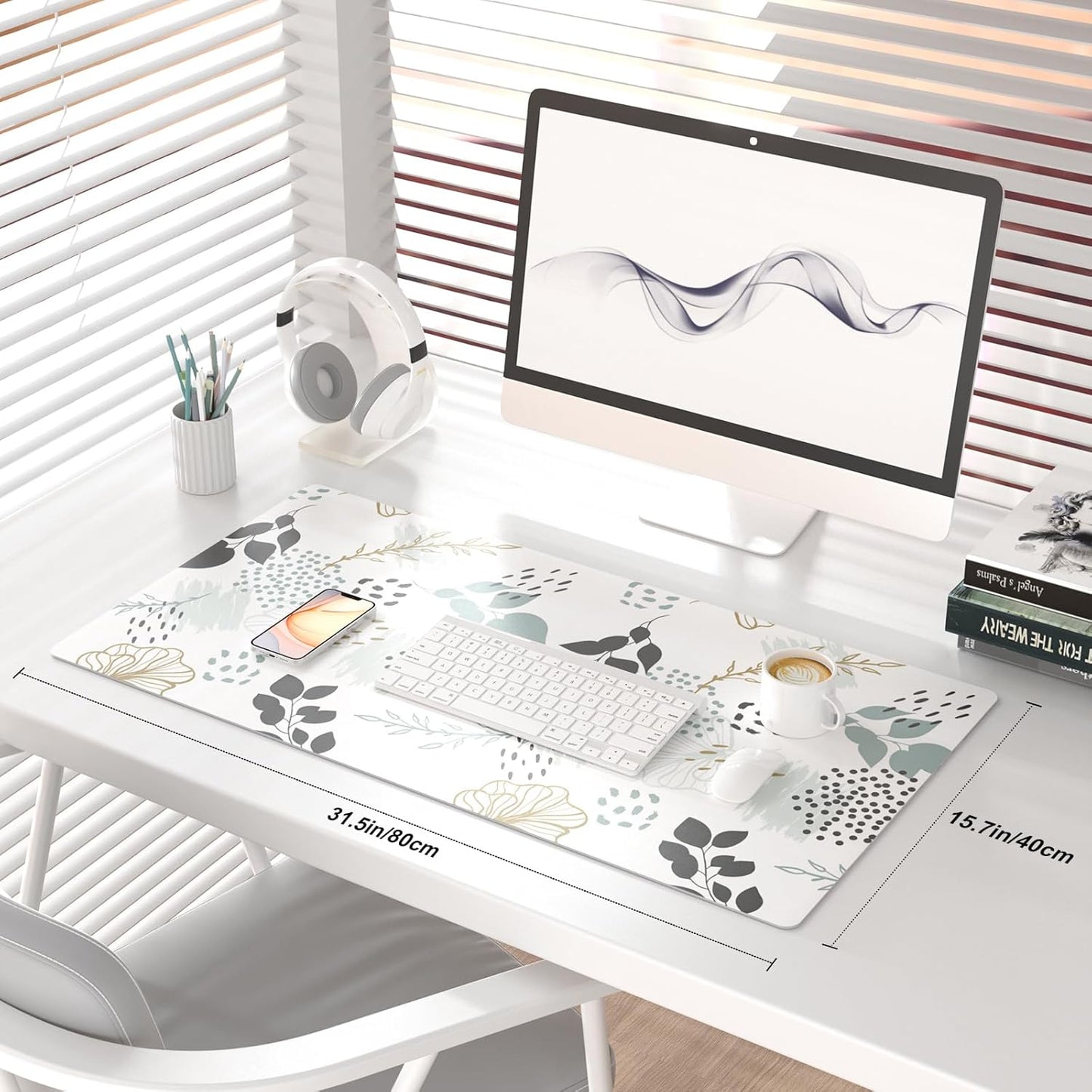 QIYI Large Mouse Pad, Extended Desk Mat for Desktop, PU Leather Waterproof Gaming Mousepad, Computer Desk Accessories Protector Writing Pads for School Office Home 31.5" x 15.7" - Floral Outlines