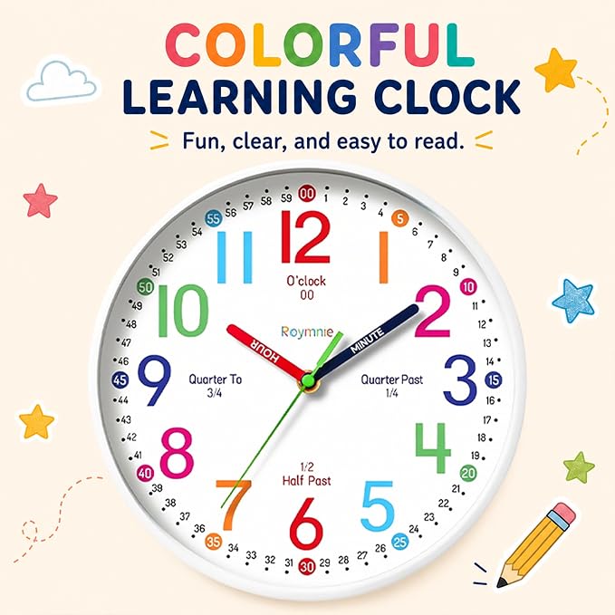 Roymnie Wall Clock 8 Inch for Kids Learning to Tell Time Easily Non Ticking - Image 6