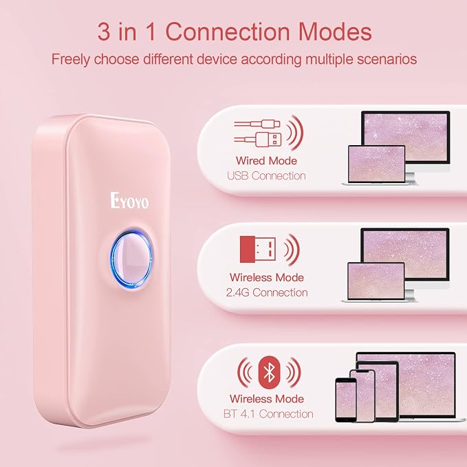 Eyoyo Mini 1D Bluetooth Barcode Scanner, 3-in-1 Bluetooth & USB Wired & 2.4G - Image 3