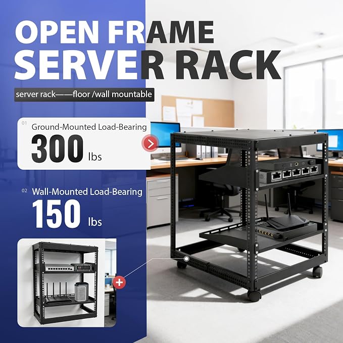 12U Open Frame Server Rack for IT & AV Gear 23-40 in Adjustable Depth Wall - Image 4