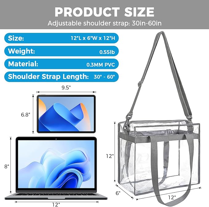 BAGAIL Clear Bags 12x6x12 Stadium Approved Clear Tote Bag - Image 2