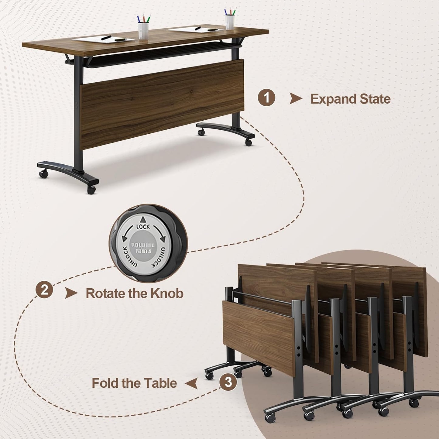 Folding Conference Room Table, Modern Conference Tables with Wheels, Large Rectangular Mobile Training Tables for Office Classroom, Foldable Modular Boardroom Seminar Table Walnut (10pack L47.2in)