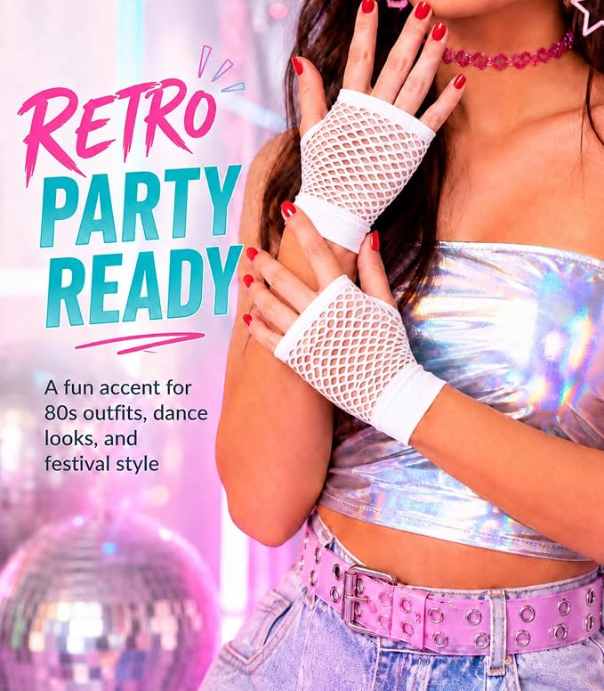 Seeksmile Women's Girls 80's Theme Party Emo Fingerless Arm Fishnet Gloves - Image 4