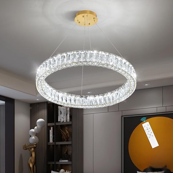 HAIXIANG Modern Crystal Chandelier Dimmable LED Ring Pendant Lights Adjustable - Image 4