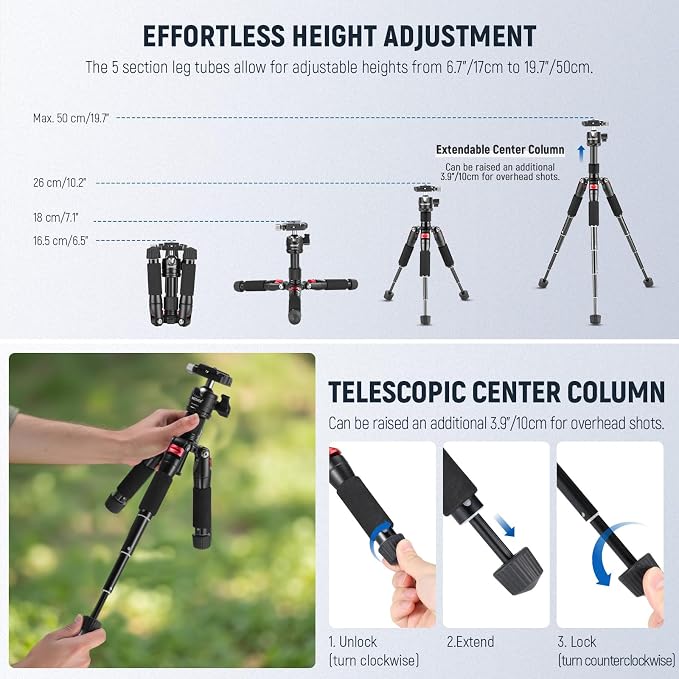 NEEWER Portable Travel Mini Tabletop Tripod, Aluminum Alloy 20''/ 50cm Desktop - Image 4