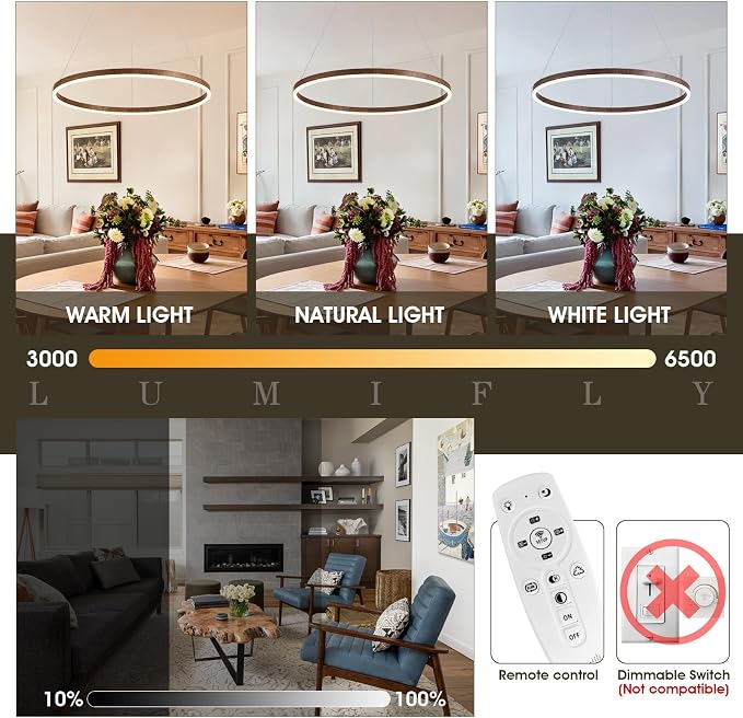 24" Ring Chandelier Modern LED Round Chandelier Wood Grain Finish Dimmable - Image 4