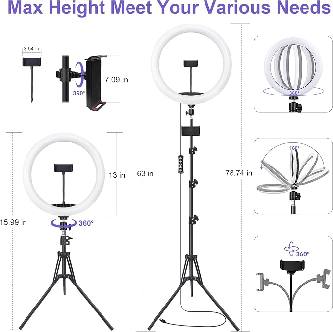 12" Selfie Ring Light with 75" Tripod Stand & 2 Phone Holder, LED Camera - Image 6