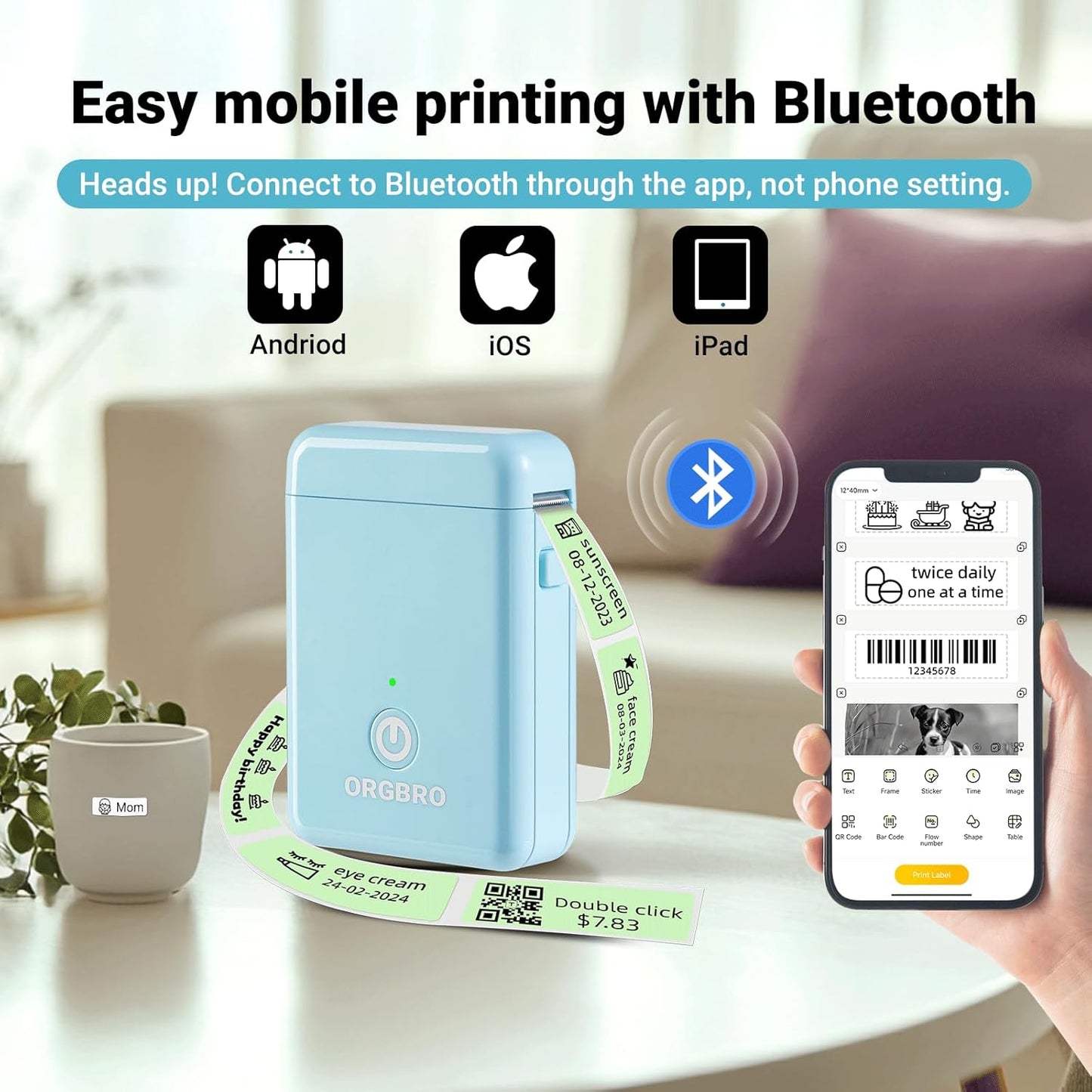ORGBRO Label Maker Machine with Tape, X1 Portable Bluetooth Mini Label Printer, Support Pre-Cut & Continuous Label, Wireless Small Label Makers with Versatile App for School Home Office Organization
