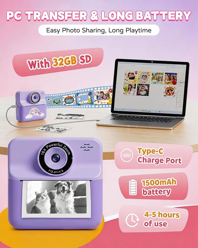 Kids Camera Instant Print with Carrying Case, Digital Selfie Camera with 6 - Image 7