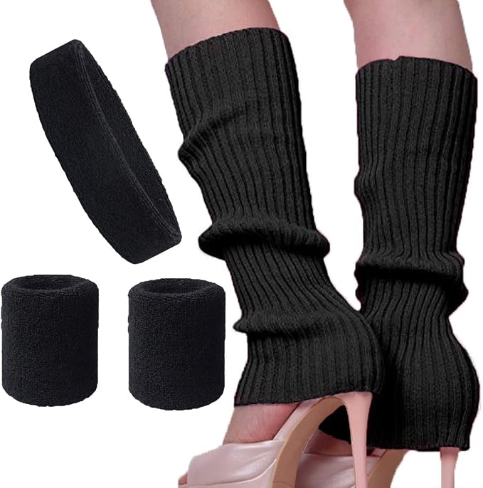 Song Qing Women 80s Dance Plain Ribbed Running Headband Wristbands Knit Crochet by Song+Qing