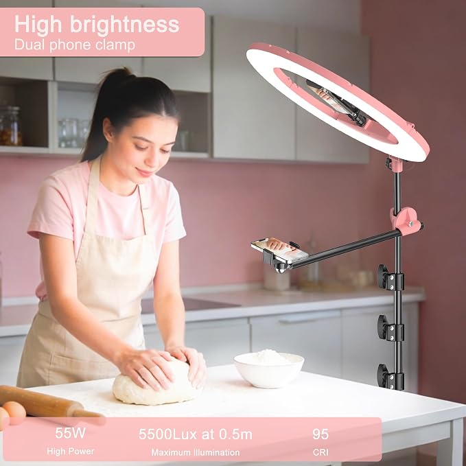 55W18 45cm Ring Light Kit 6700K Dimmable LEDRinglightTripod Stand Dual Phone - Image 3