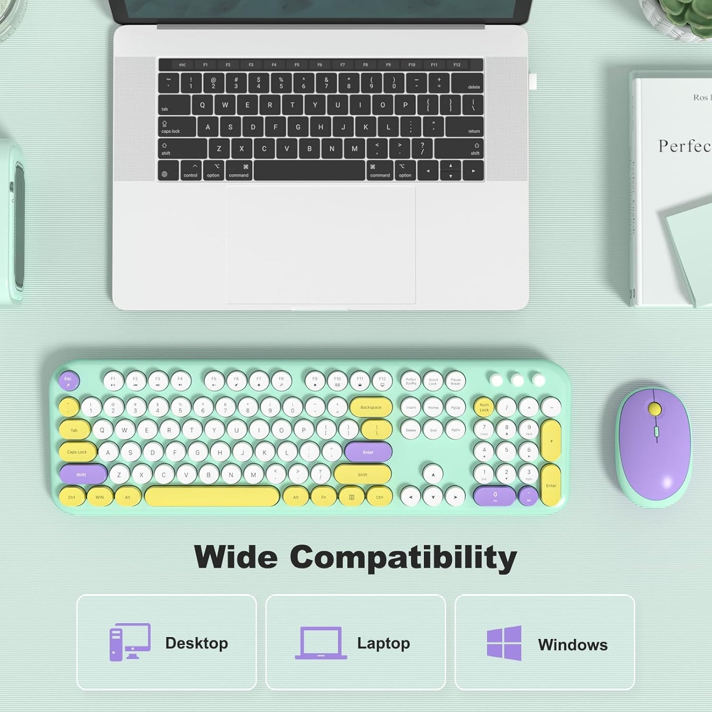 Wireless Keyboard and Mouse Combo, Typewriter Full Size Keyboard with Number Pad and 2 in 1 USB Connected Mouse Plug Play for Windows 7/8/10, Laptop, Desktop, PC, Computer
