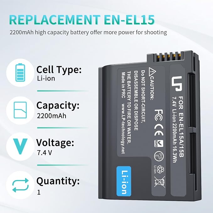 LP EN-EL15C Replacement Battery, 2200 mAh EN-EL15a/EN-EL15b Battery Compatible - Image 2