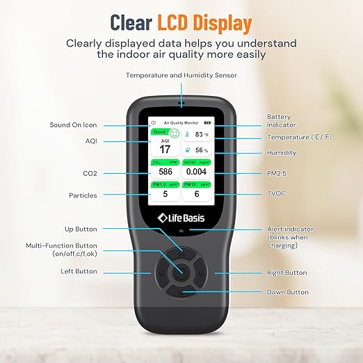 LifeBasis Air Quality Monitor Indoor, 11-in-1 Air Quality Detector - Image 6