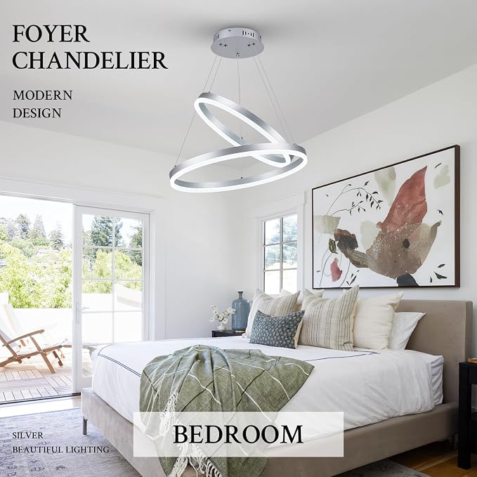 Modern LED Chandelier Silver 2-Rings Pendant Light Circular Flush Mount Ceiling - Image 4
