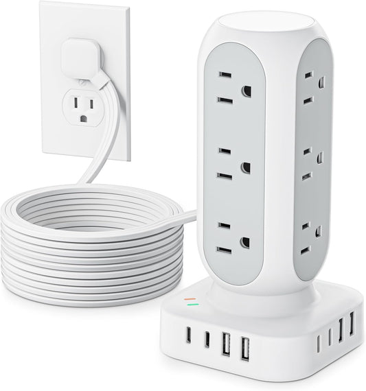 Tower Surge Protector Power Strip, 10FT Extension Cord with Multiple Outlets, Flat Plug Outlet Extender with 12 AC Outlets & 8 USB Ports, 24W Total Charging Station for Home Office Dorm Room