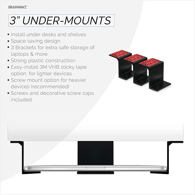 BRAINWAVZ 3” Under Desk Laptop & Device Holder Mount, Adhesive & Screw in - Image 3