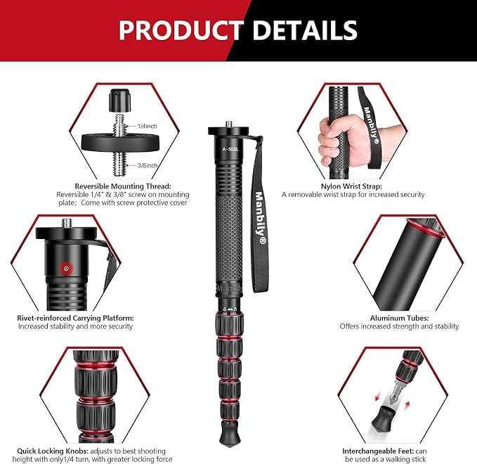 Manbily Camera Monopod Aluminum Portable Compact Lightweight Travel Monopod - Image 4