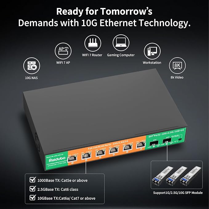 8-Port 10Gb Ethernet Switch Unmanaged, 6 x 10G RJ45 Ports, 2 x 10G SFP+ Ports - Image 4