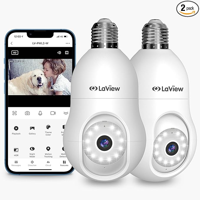 LaView 4MP Bulb Security Camera 2.4GHz, 360° 2K Security Cameras Wireless by LaView