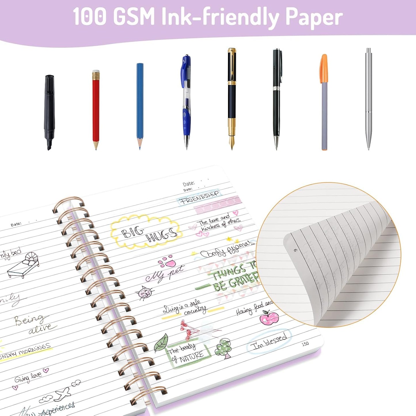 Forvencer A4 Lined Spiral Journal Notebook with 300 Numbered Pages, 11" X 8.5" Thick Journals for Writing with 100GSM Paper, Hardcover Notebooks with Contents for Work, School, Purple