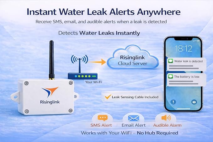 WiFi Water Leak Detector with 6.5 ft Sensing Cable, Whole-Area Leak Detection - Image 3