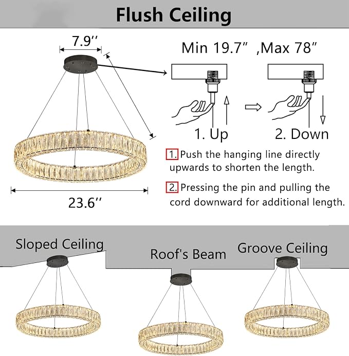 HAIXIANG Modern Crystal Chandelier Dimmable LED Ring Pendant Lights Adjustable - Image 2
