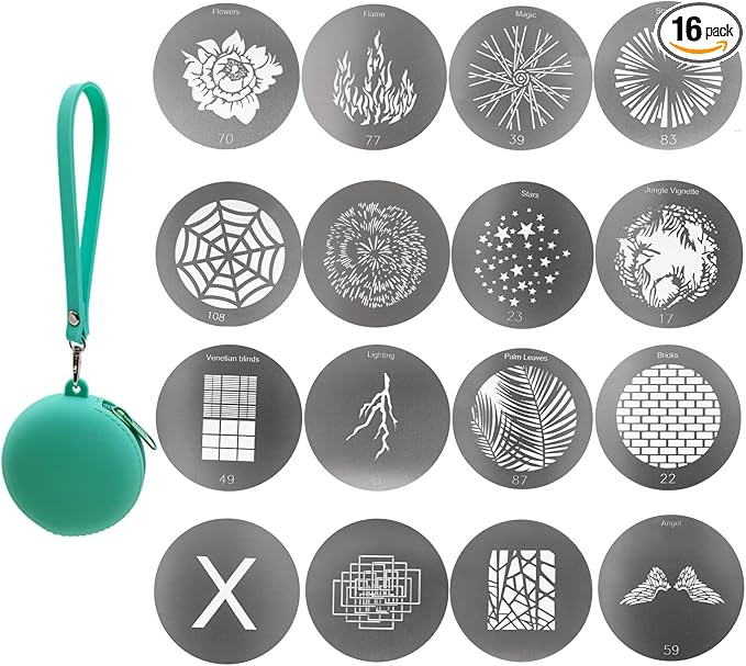 16Pcs Round Gobos Kit for Optical Snoot, 66mm/2.6in Metal Plate Patterns for by ZALUNERO