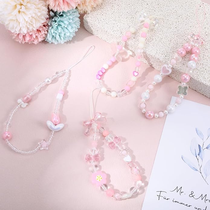 Pink Beaded Phone Wrist Straps, Y2K Phone Case Charms Camera Charm Strap - Image 4