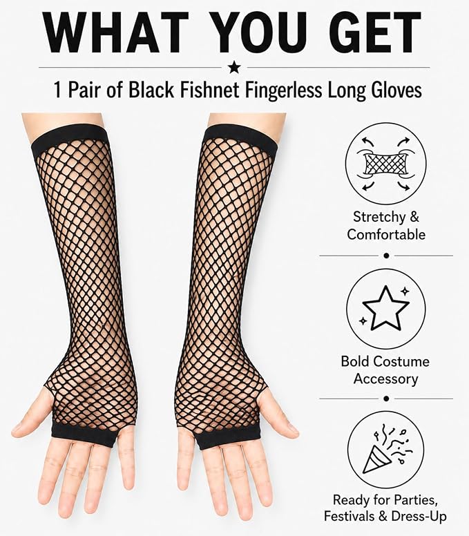 Seeksmile Women's Girls 80's Theme Party Emo Fingerless Arm Fishnet Gloves - Image 7