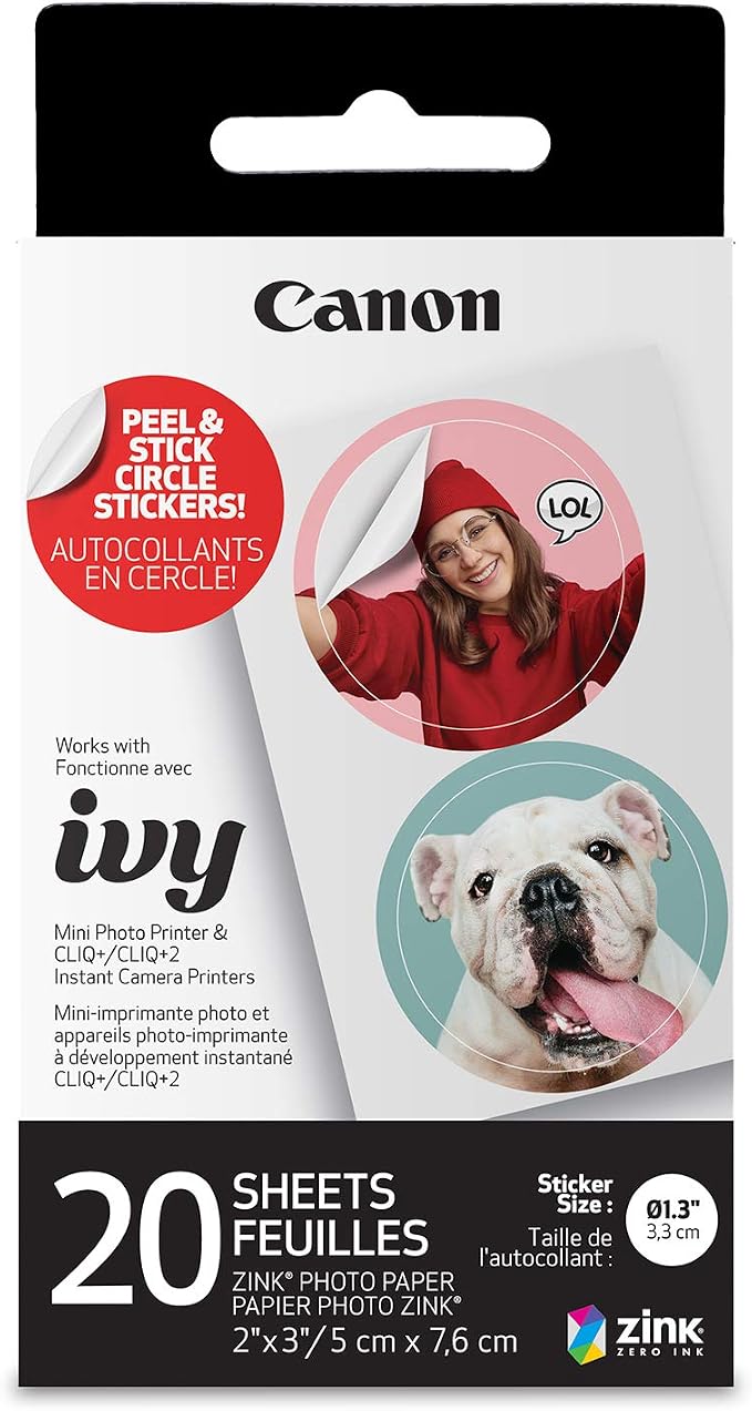 Canon Ivy Zink Pre-Cut Circle Sticker Paper 20 Sheets Pack Compatible by Canon
