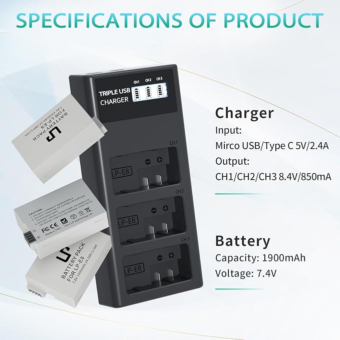 LP-E8 Battery Charger Set, LP 3 Pack LPE8 Replacement Battery & Triple Slot - Image 6