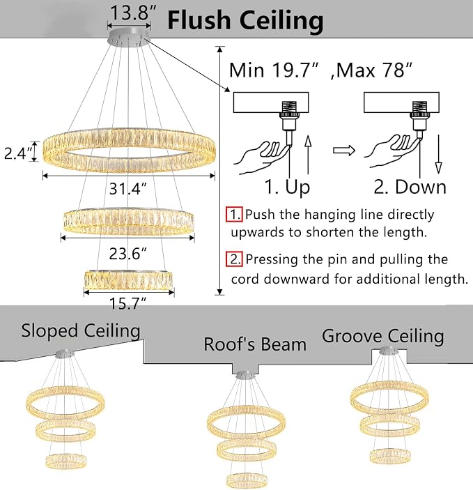 HAIXIANG Modern Glam Chandelier Crystal LED Remote Rings Chandelier Adjustable - Image 2