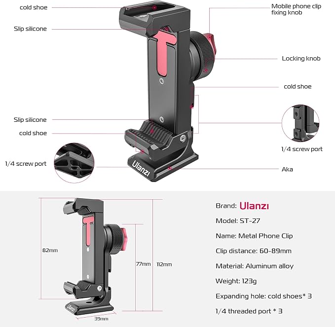 Metal Phone Tripod Mount 3 Cold Shoes & Arca Port, 360° Smartphone Tripod - Image 7
