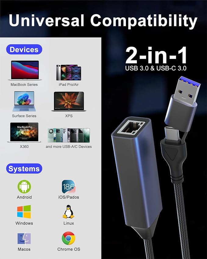 2.5gb USB to Ethernet Adapter, 2.5g Aluminum 2-in-1 USB & USB C to RJ45 Network - Image 4