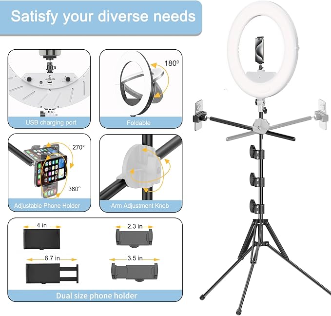 55W18 45cm Ring Light Kit 6700K Dimmable LEDRinglightTripod Stand Dual Phone - Image 4