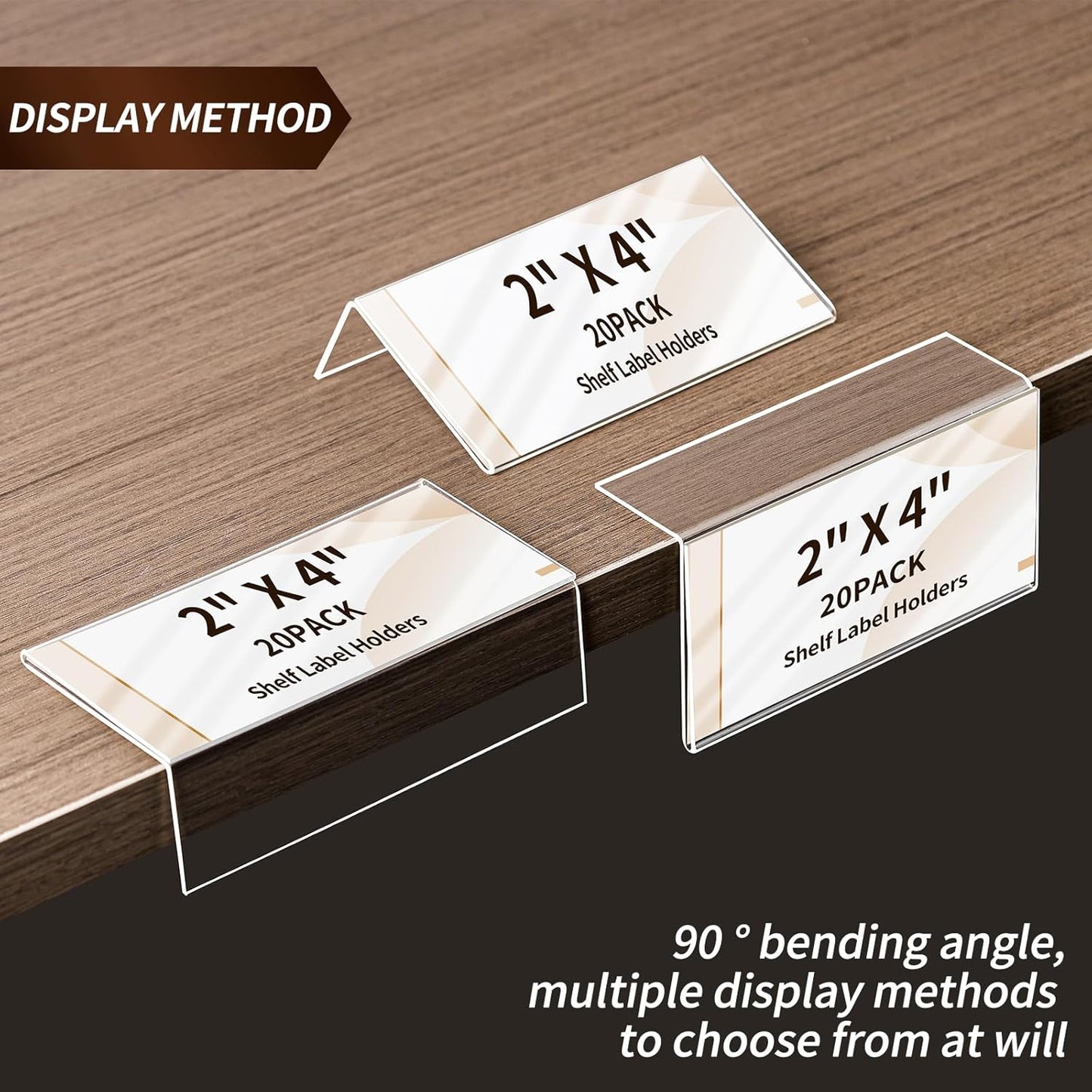 20 Pack Acrylic Rigid Shelf Label Holders for School Office Library Book Shelves Tags Shelf Labels with Sticky Dots, Transparent Tabletop Price Sign Stand for Store Bakeries (1.25x3 in)