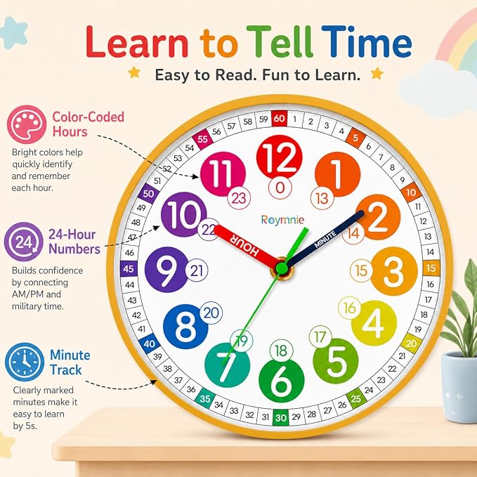 Roymnie Wall Clock for Kids Battery Operated Silent Non Ticking Analog Clock - Image 2
