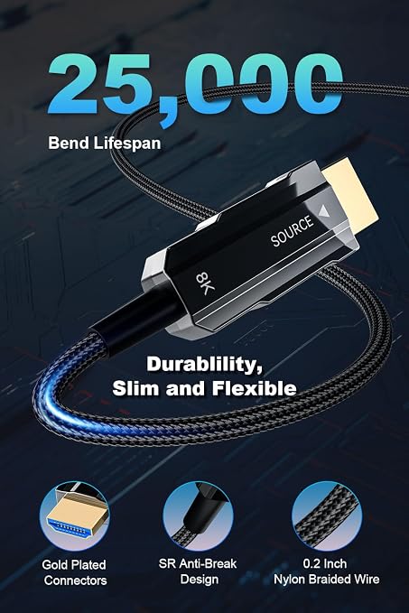 8K HDMI 2.1 Cable 30ft/9m, Fiber Optic HDMI Cable Braided Cord, High Speed - Image 8