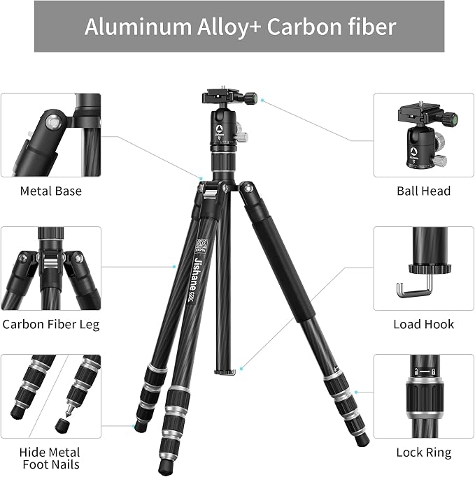 Carbon Fiber Camera Tripod, 1/4" Arca QR Plate, Compact Lightweight Travel - Image 9