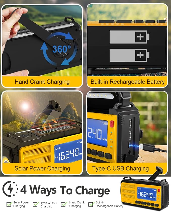 10000mAh Emergency Hand Crank Radio, AM/FM/NOAA Weather Alert, Solar Powered - Image 4