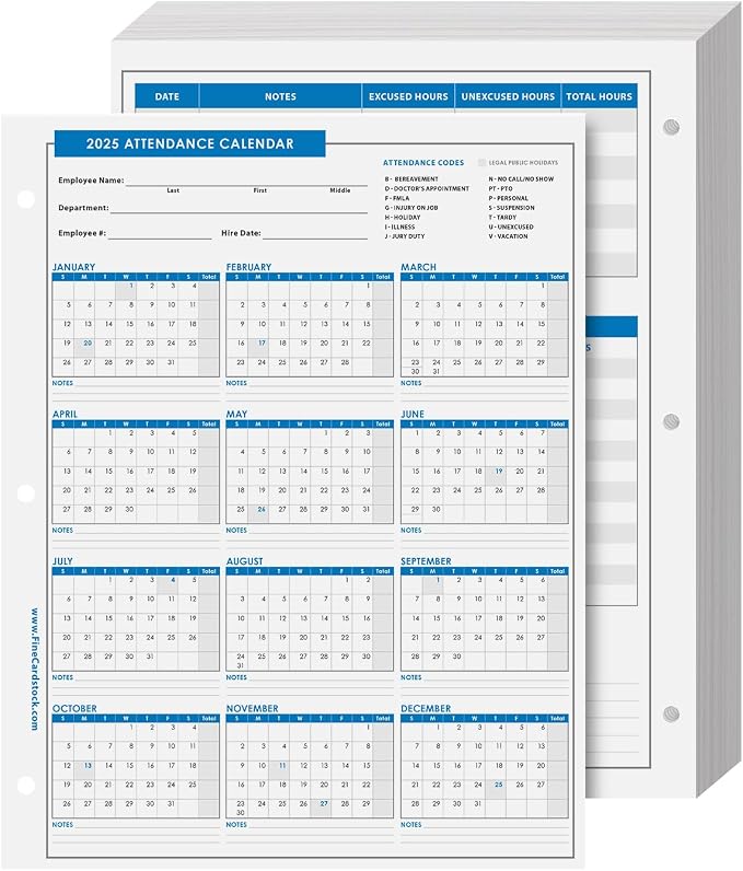 2025 Attendance Calendar Card Stock Paper – Great Employee Work Tracker | by SSuperfinePrinting