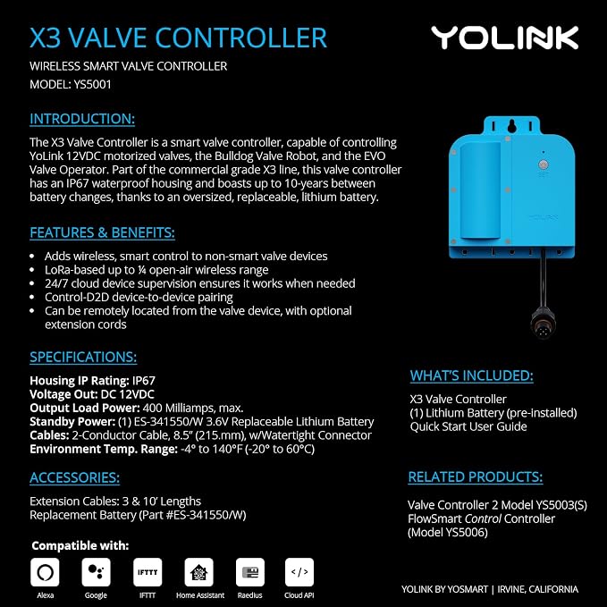 YoLink X3 Valve Controller Kit, 1-1/4" Brass Motorized Ball Valve, LoRa Long - Image 2