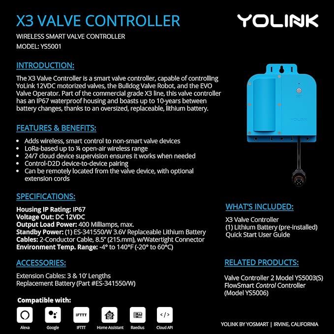 YoLink X3 Valve Controller Kit, 1/2" Brass Motorized Ball Valve, LoRa Long Range - Image 2