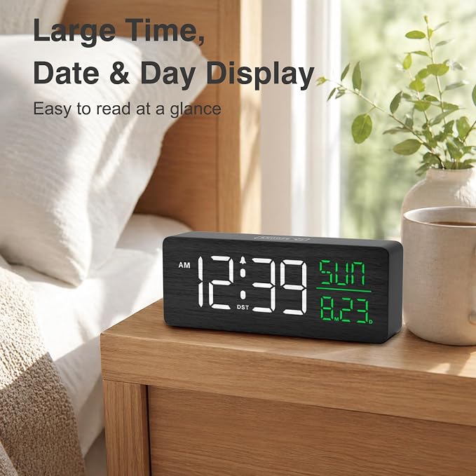 Peakeep Wooden Digital Alarm Clock Large Display, Textured Decoration - Image 8